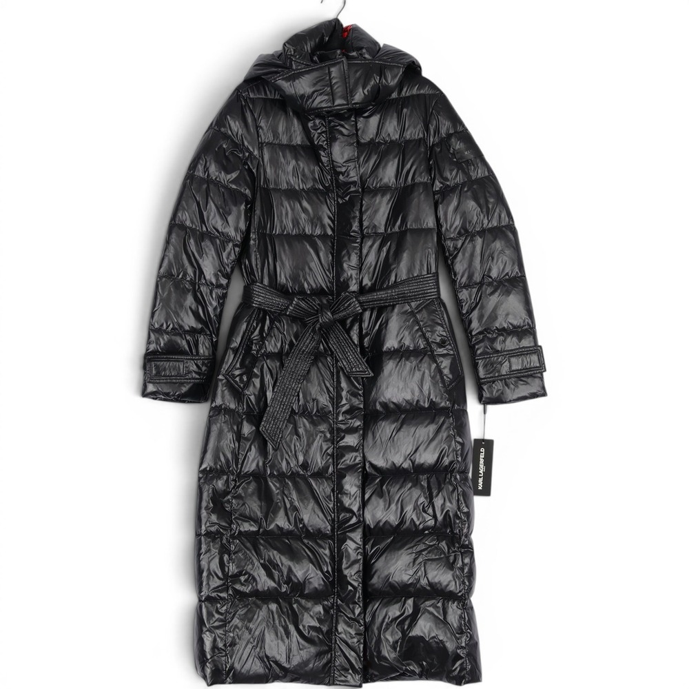 Karl Lagerfeld Paris Long Puffer Coat Womens XS Black Belted Hooded $360 NWD